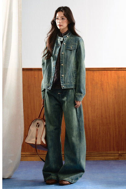 Retro Washed Denim Top and Wide-Leg Pants Set-Up