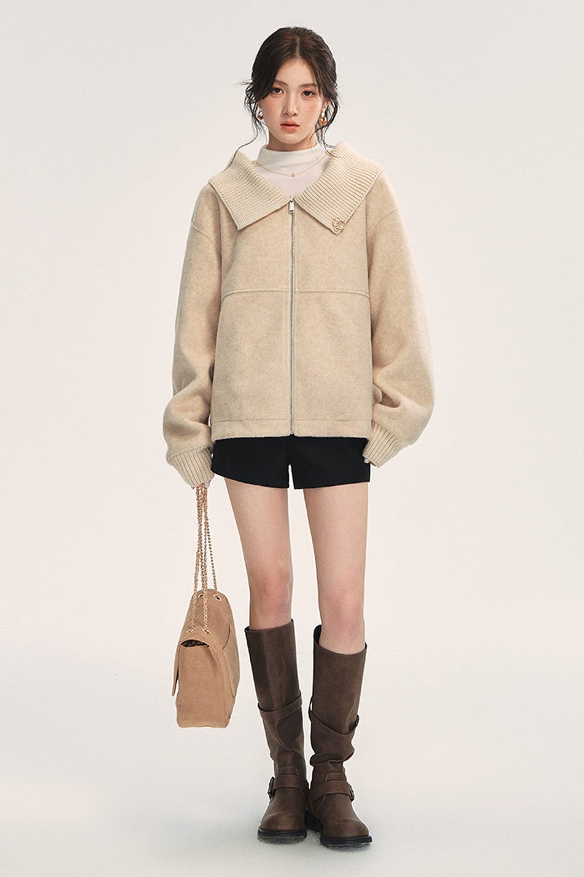 Knitted Large Lapel Patchwork Woolen Jacket