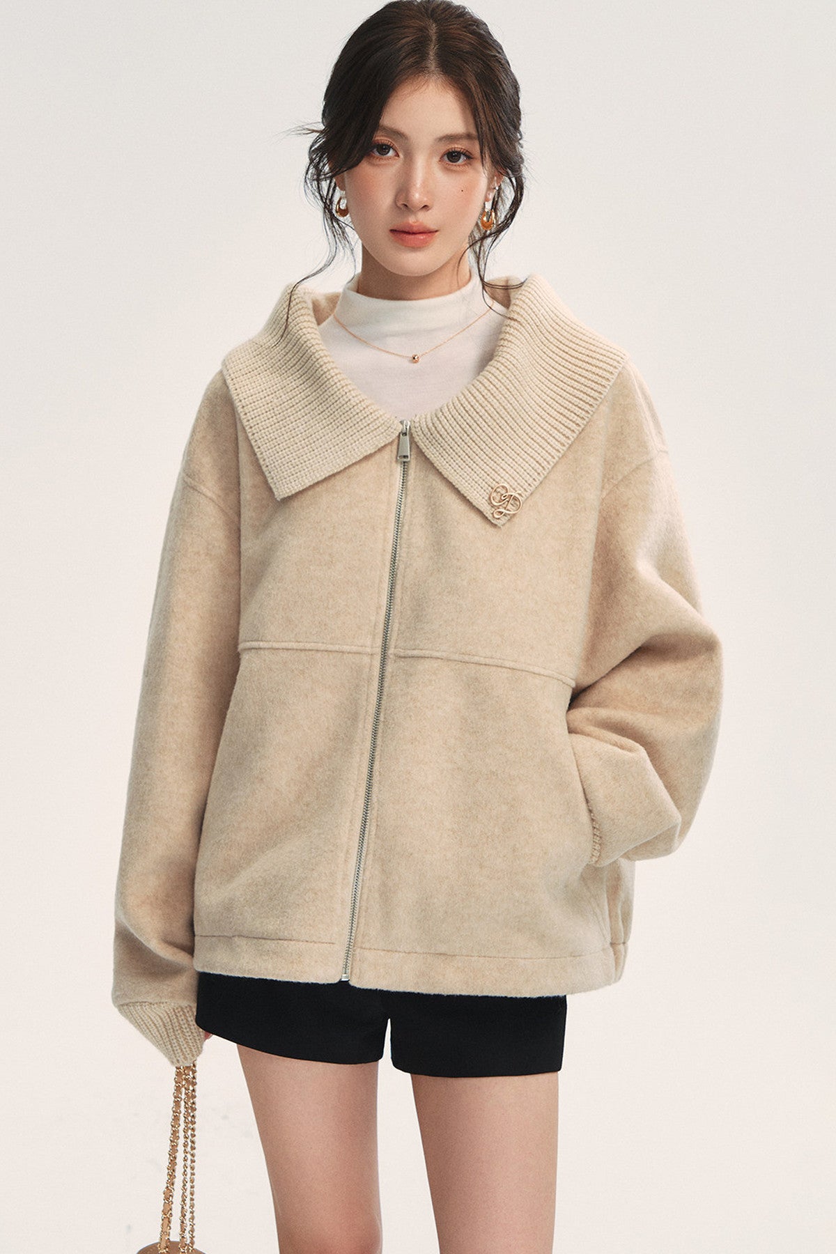 Knitted Large Lapel Patchwork Woolen Jacket