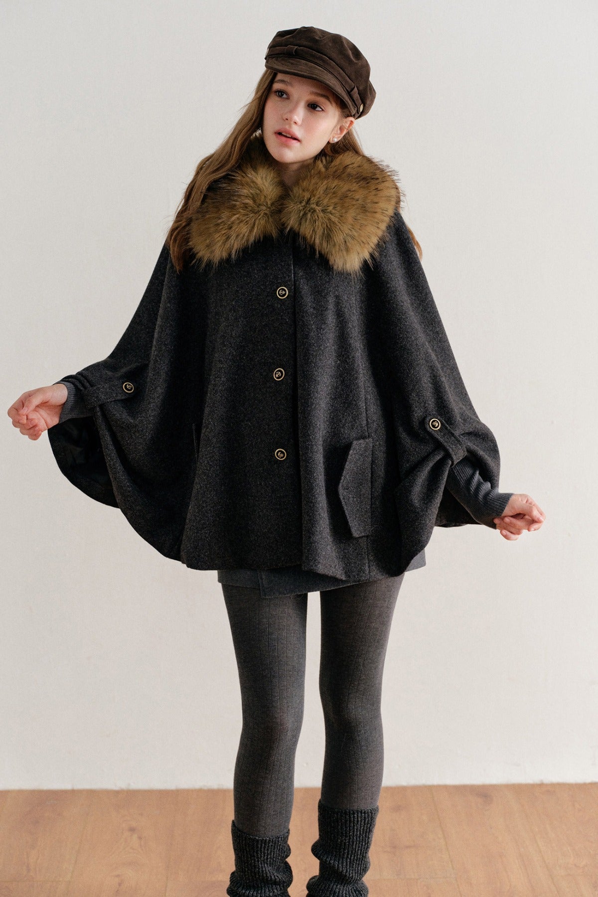 Detachable Large Fur Collar Woolen Cape