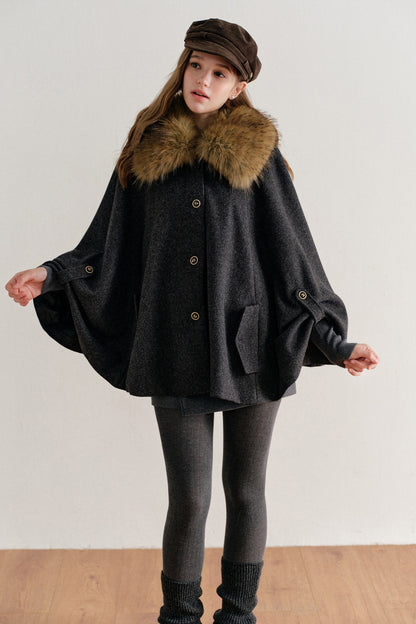 Detachable Large Fur Collar Woolen Cape