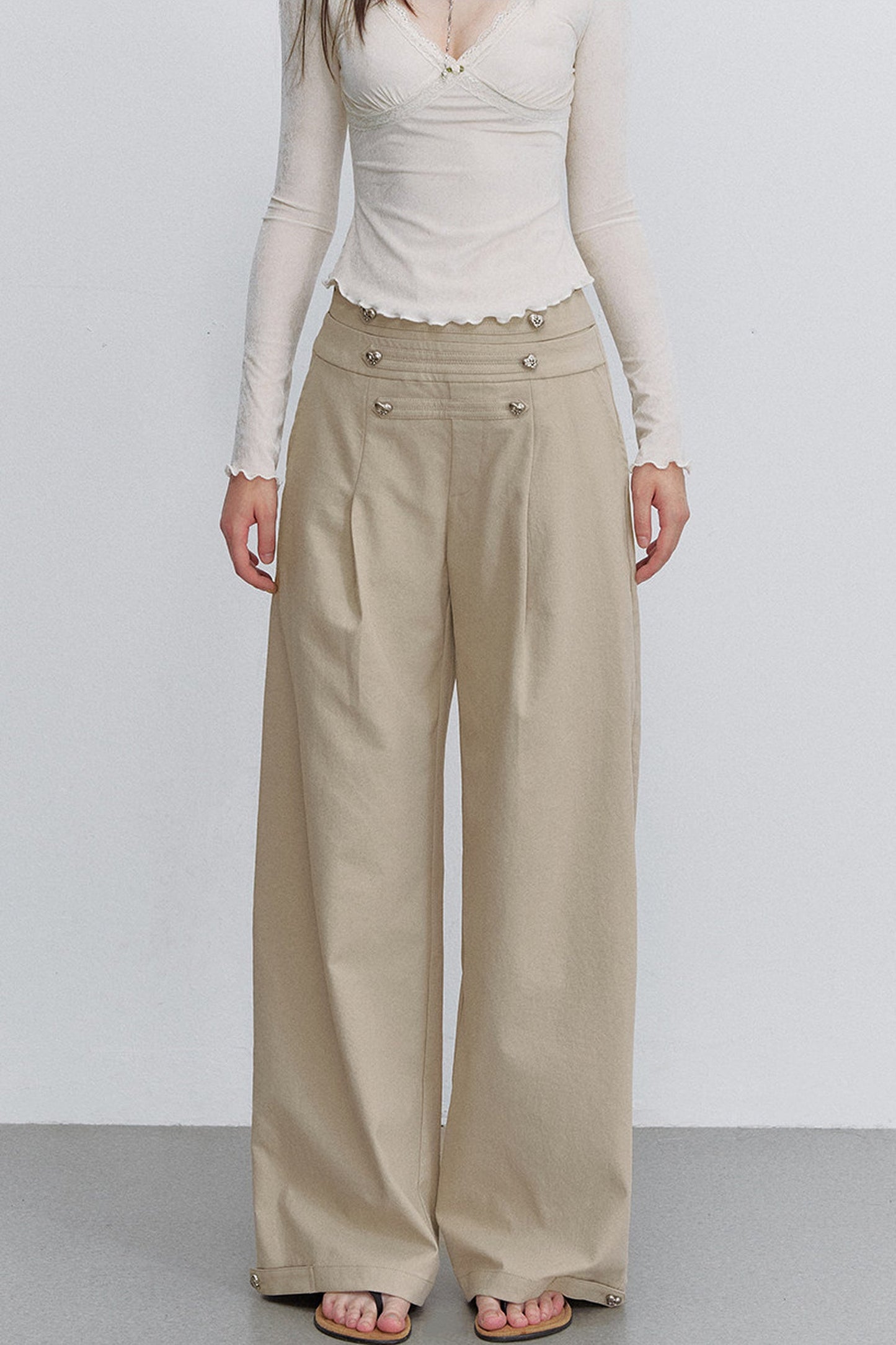 Pleated Heart Button Pants