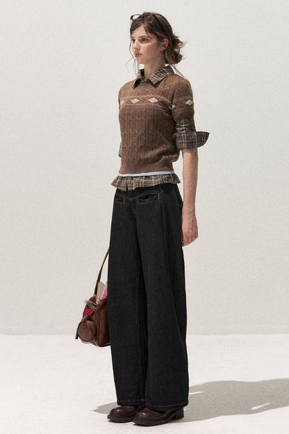 Retro Fair Isle Argyle Short-Sleeve Knit Sweater and Skirt Set-Up