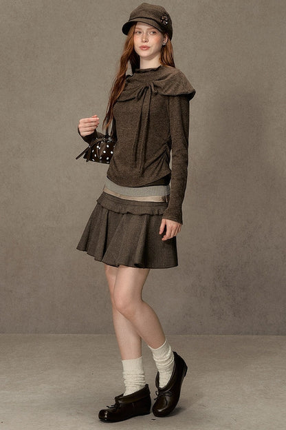 Bowknot Cape Collar Long Sleeve Top