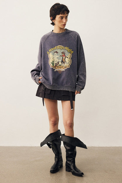 Washed Cat Print Sweatshirt and Pants Set