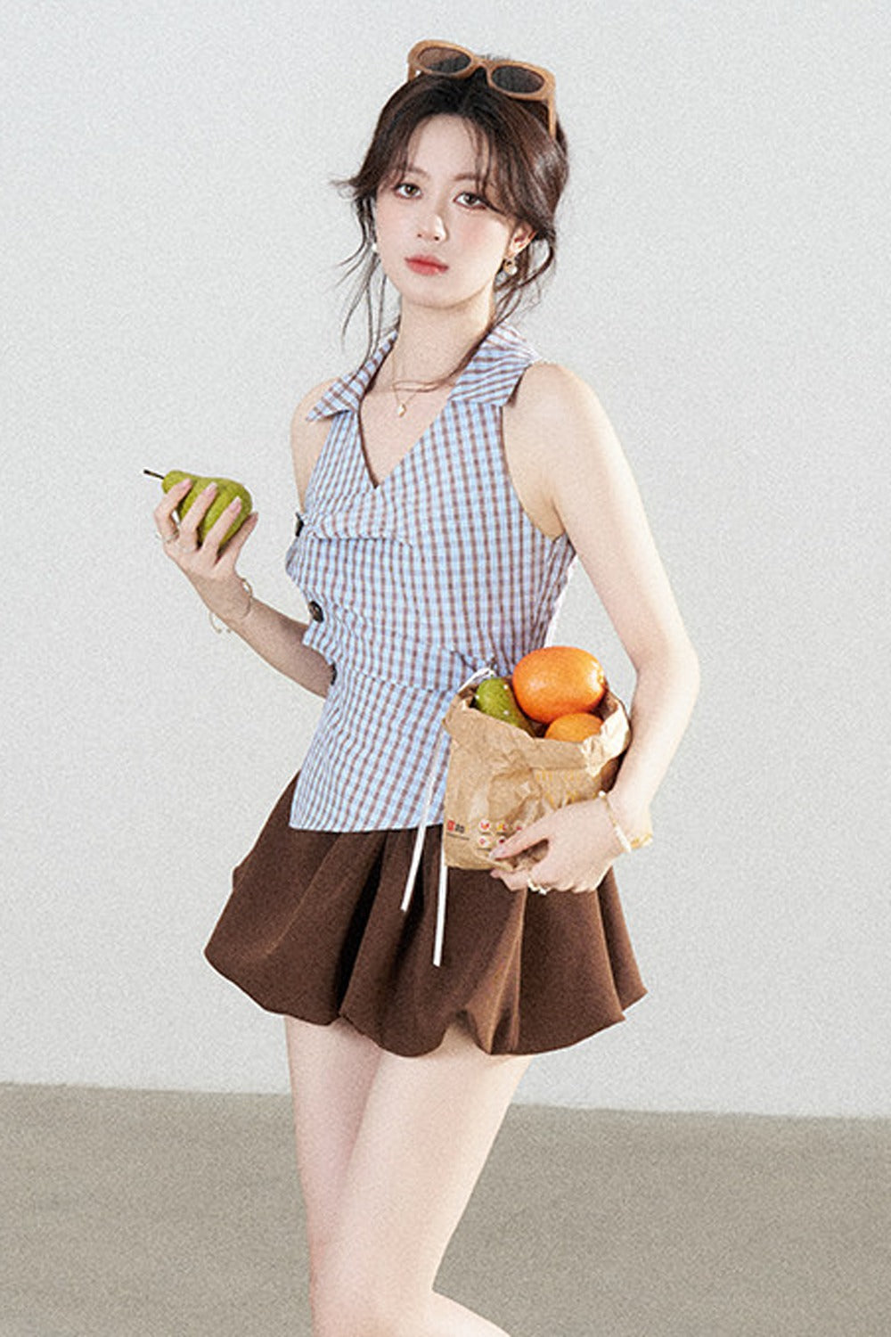 Blue Plaid Sleeveless Halter Shirt and Irregular Hem Skirt Set-Up