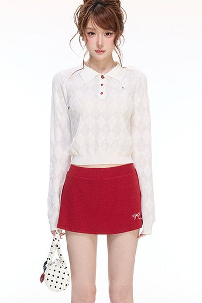 Cherry Polo Knit Top and Embroidered Knit Skirt Set-Up