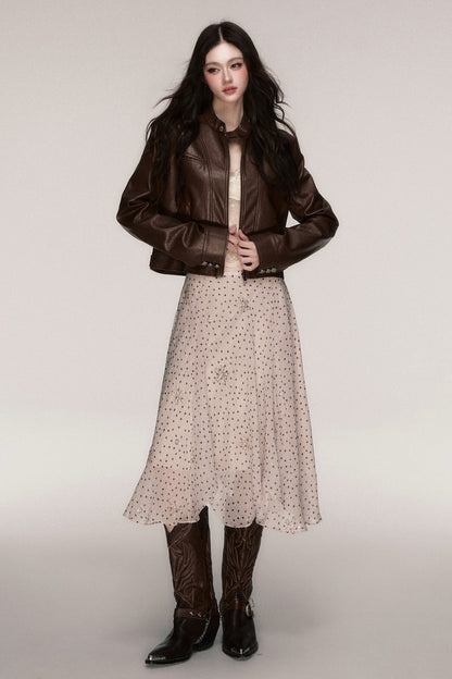Brown Stand-Up Collar PU Leather Jacket