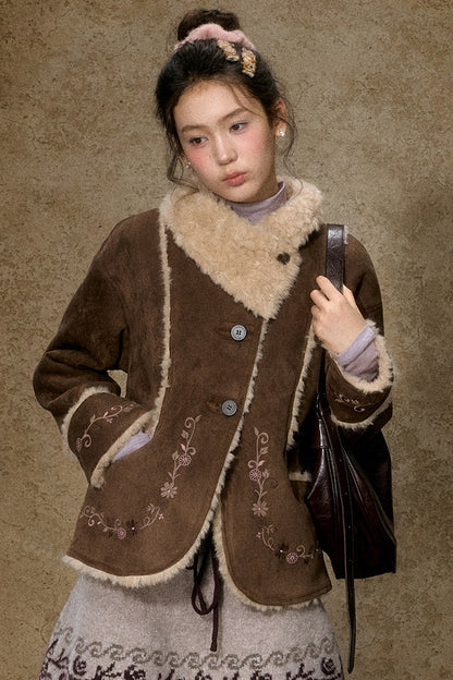 Embroidered Branch Snow Faux Suede Jacket