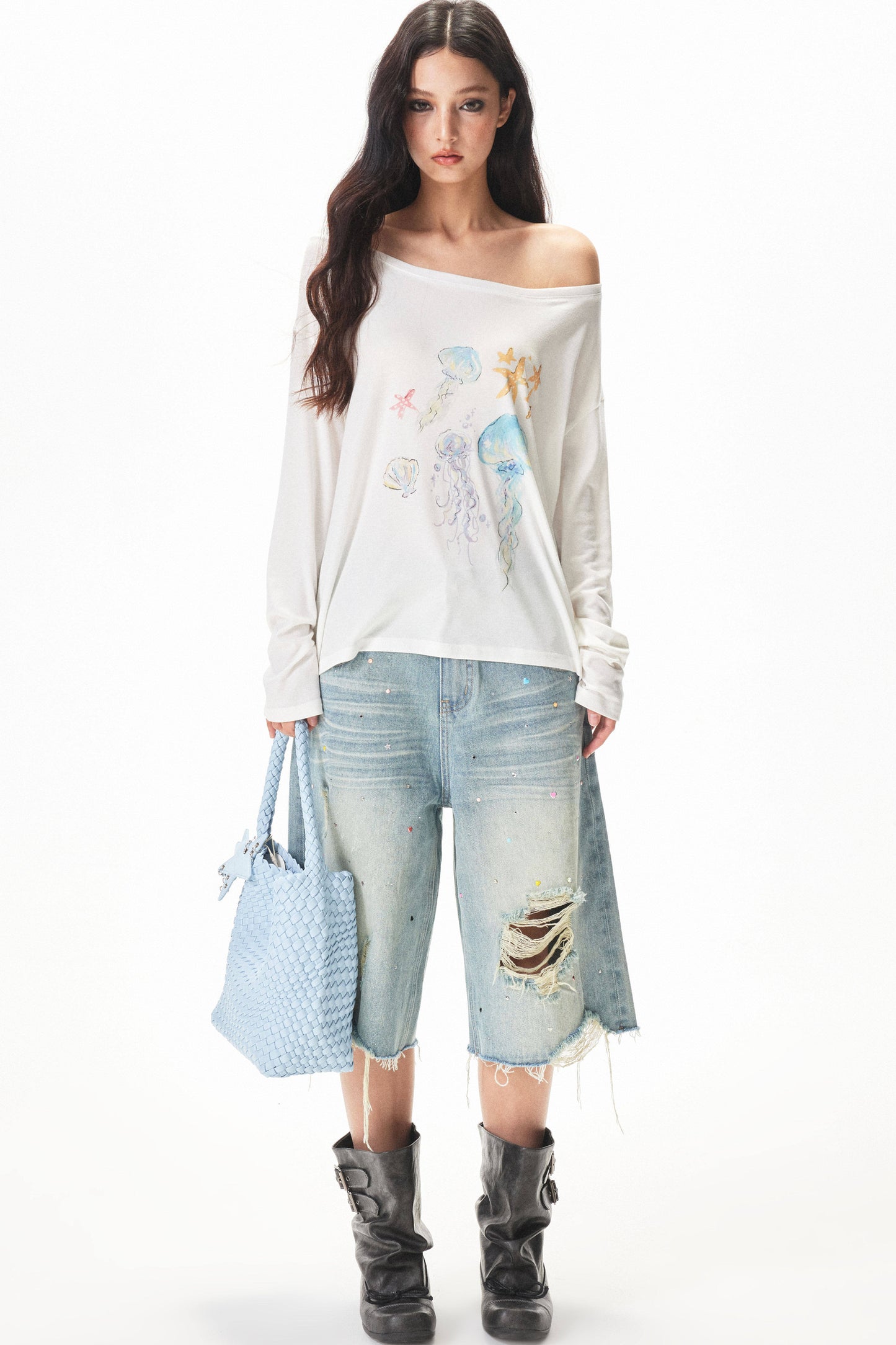 Watercolor Print Off-shoulder Long Sleeve Top