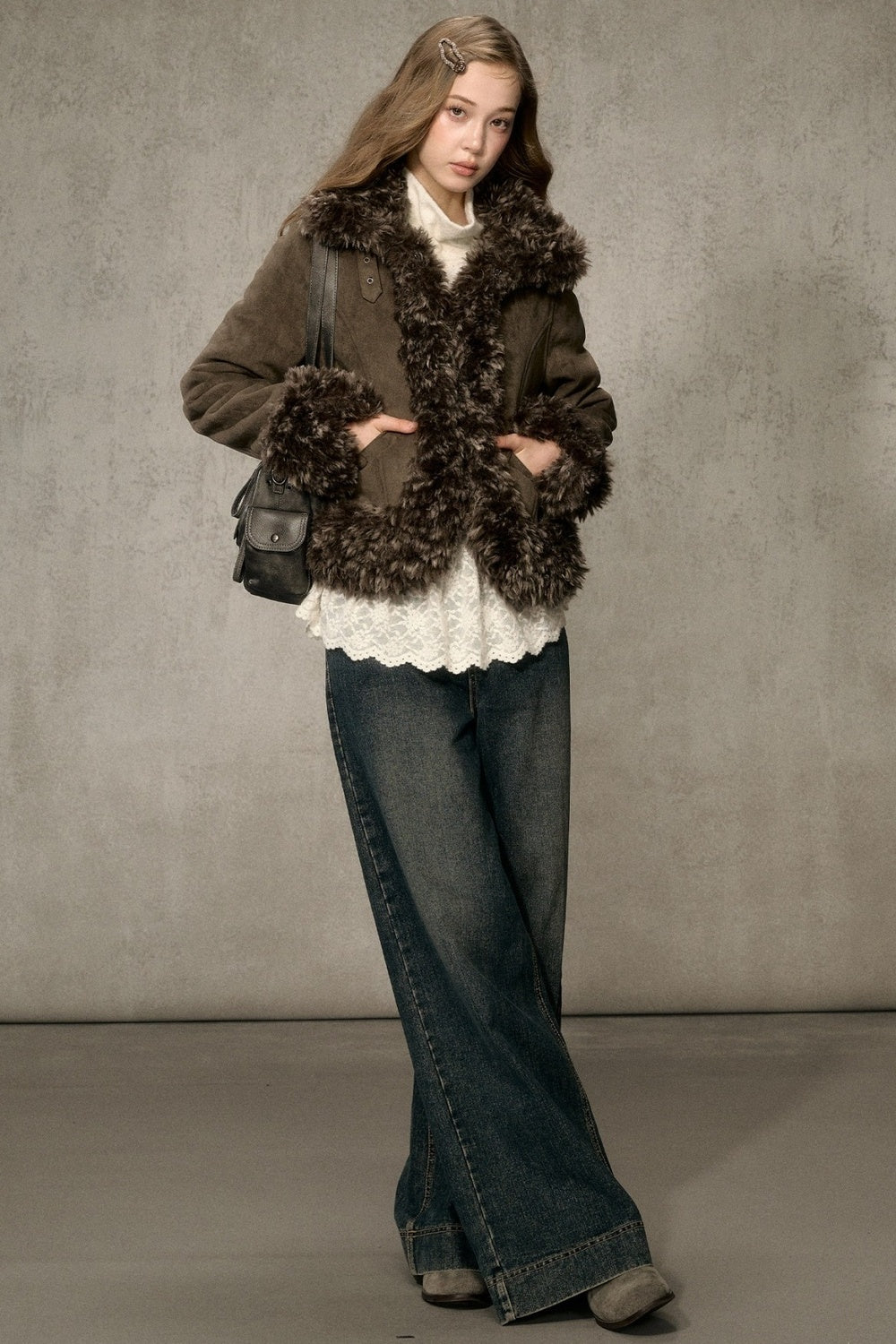 Faux Suede Short Fuzzy Collar Jacket
