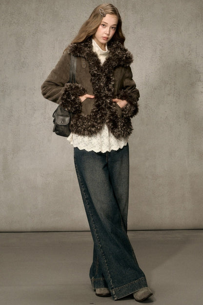 Faux Suede Short Fuzzy Collar Jacket