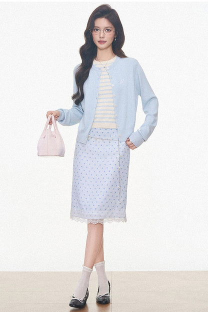 Light Blue Knitted Cardigan and Polka Dot Midi Skirt Set-Up