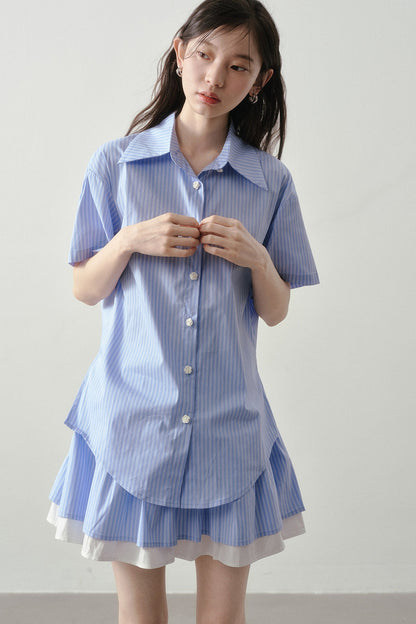 Blue White Striped Shirt and Pleated Skirt Set