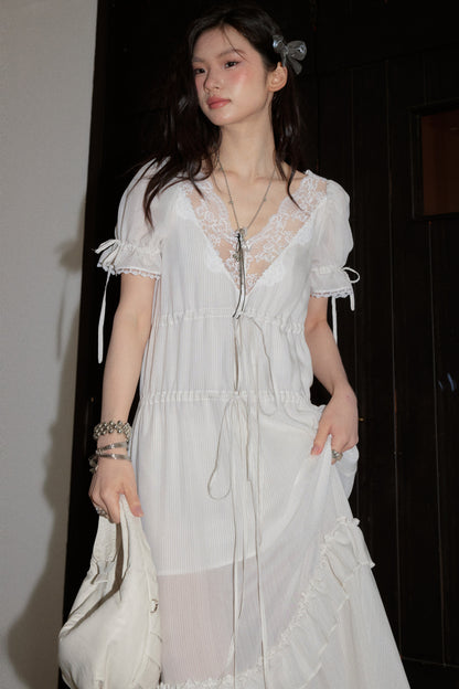 Deep V Striped Lace Tie Dress