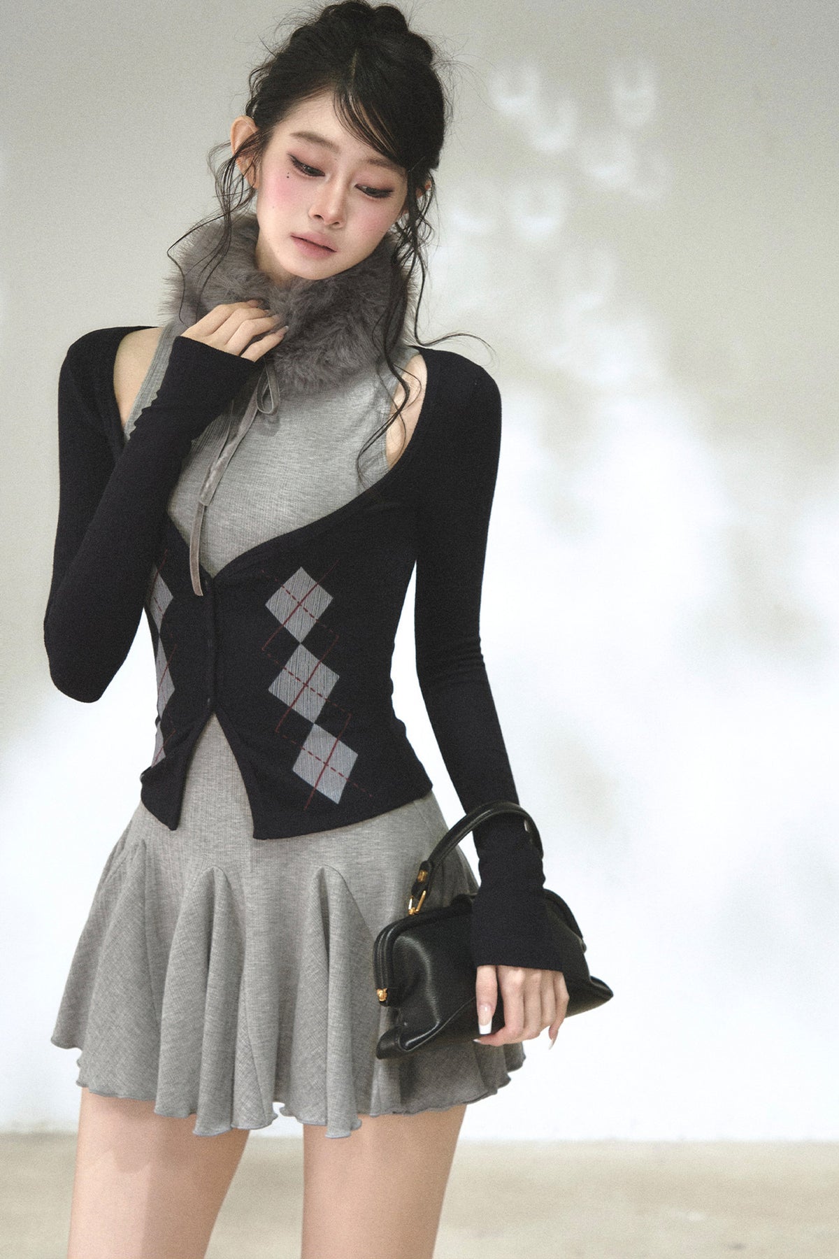 Vertical Striped Diamond Knit Cardigan and Ruffled Dress Set-Up