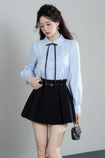 Blue Plaid Long-Sleeved Blouse and Skirt Set-Up