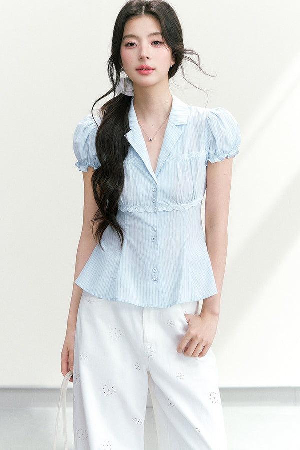 V-Neck Striped Waist-Cinching Short-Sleeved Shirt