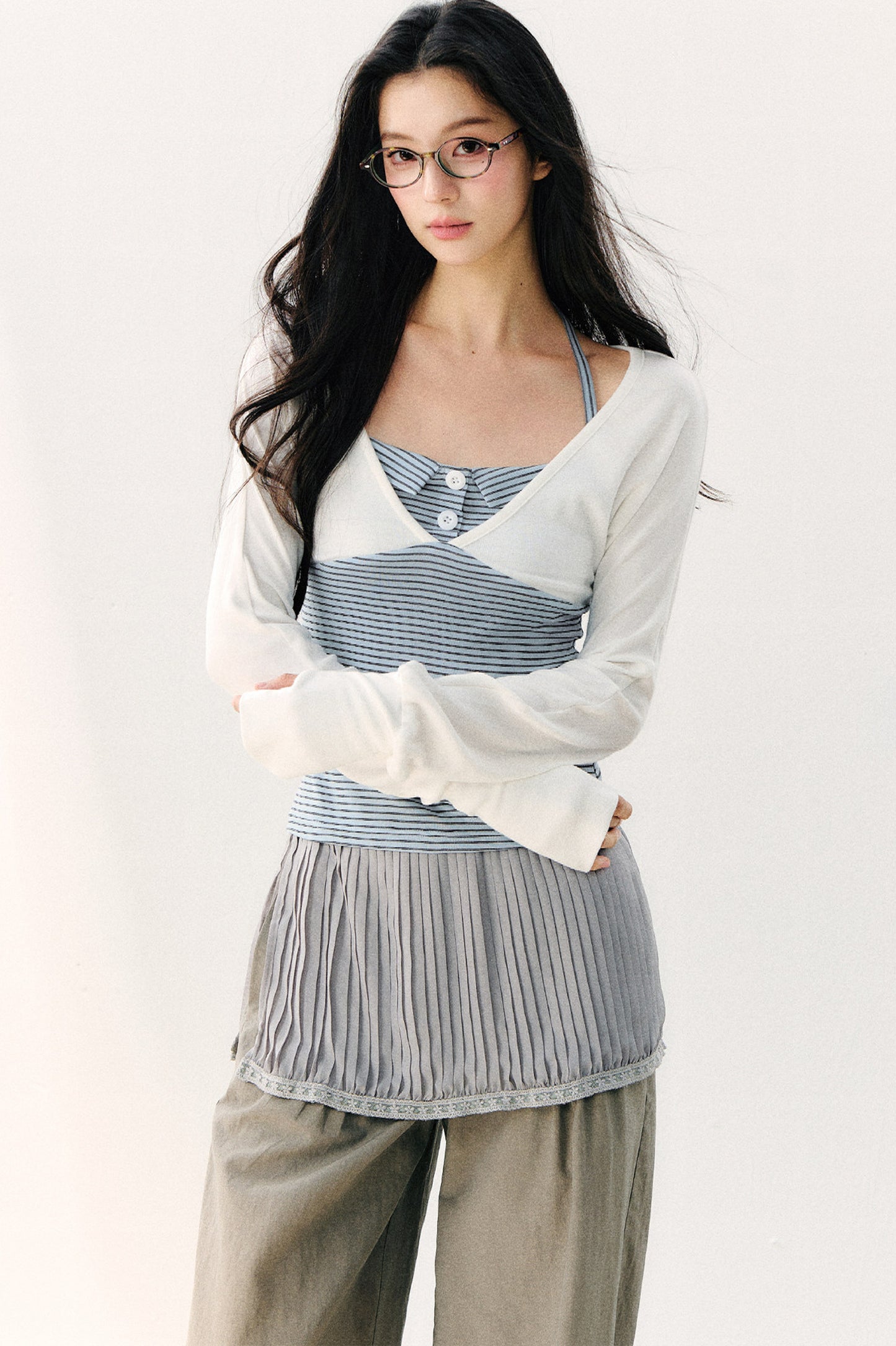 Color Block Halter Collar Long Sleeve Top