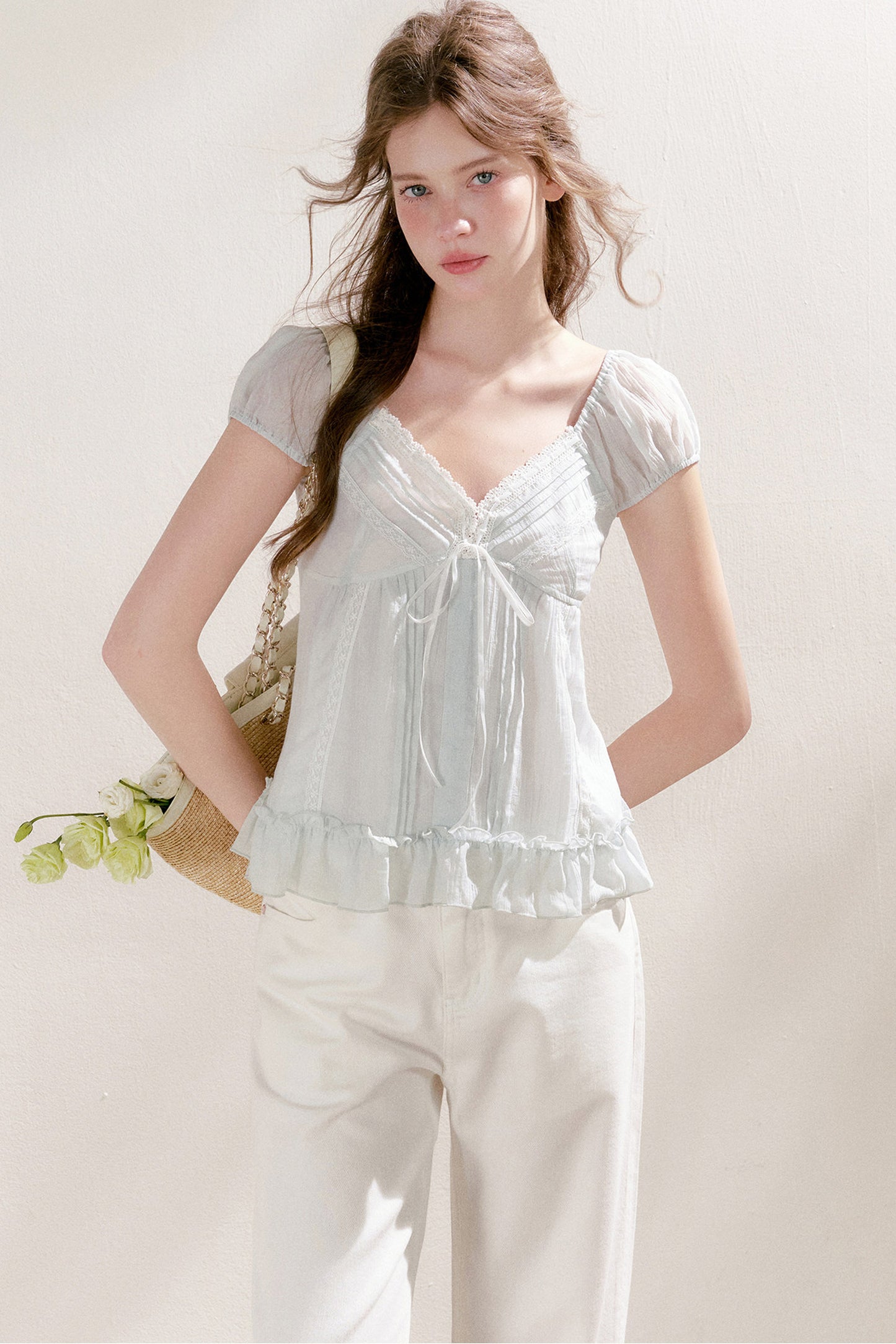 Pleated Tencel Lace Ruffle Short Sleeve Top