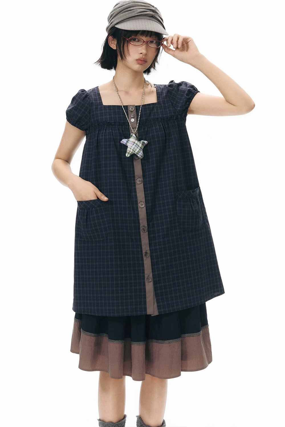 Plaid Puff Sleeve Babydoll Dress