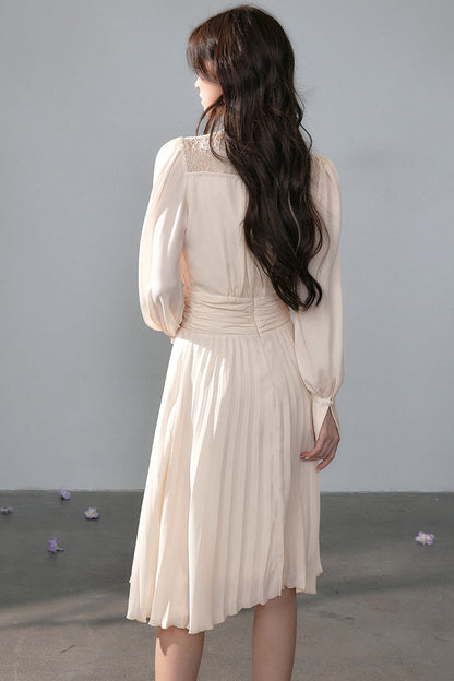 Pleated Lace Mid-Length Dress