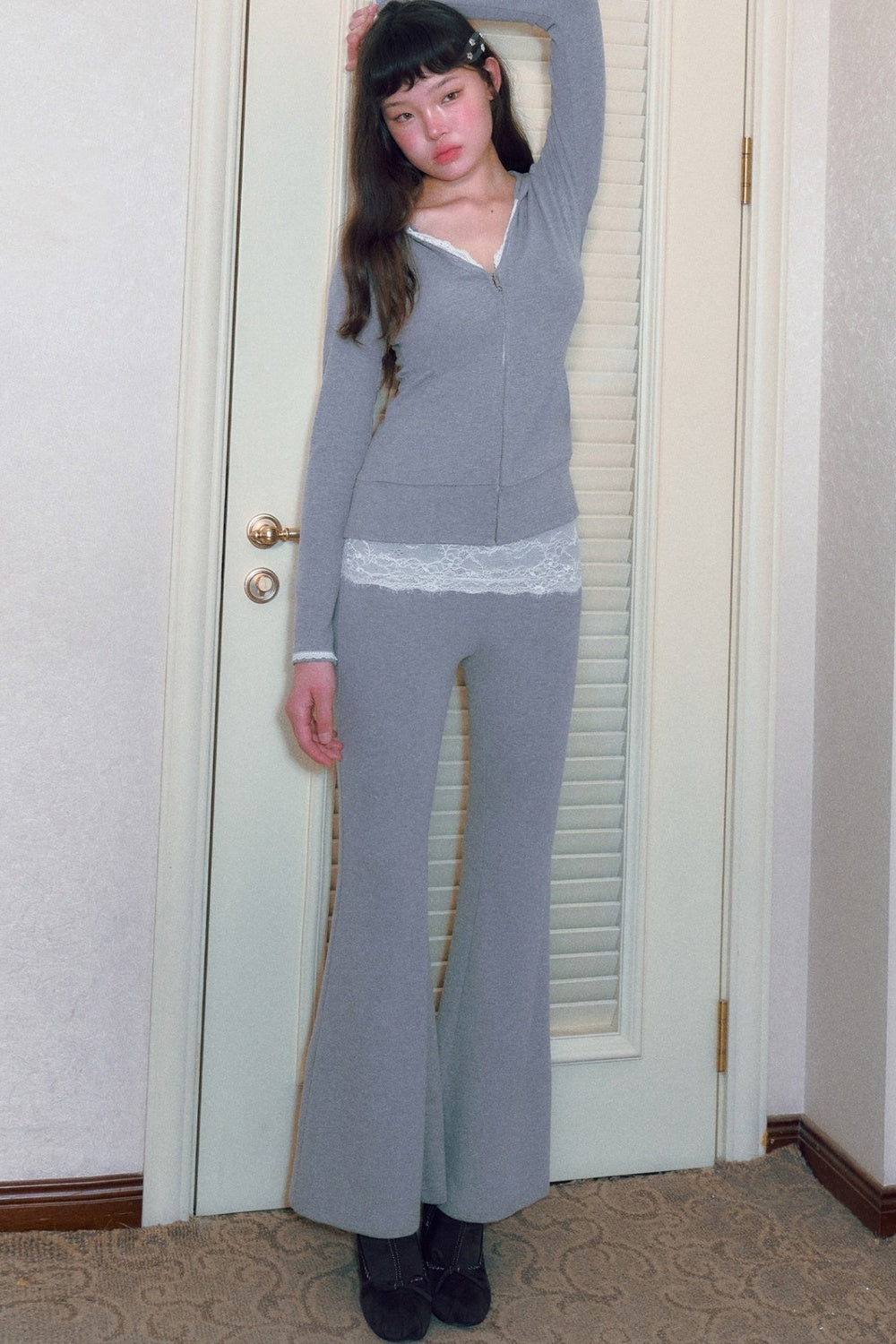 Low-Waist Elastic Lace Flared Pants