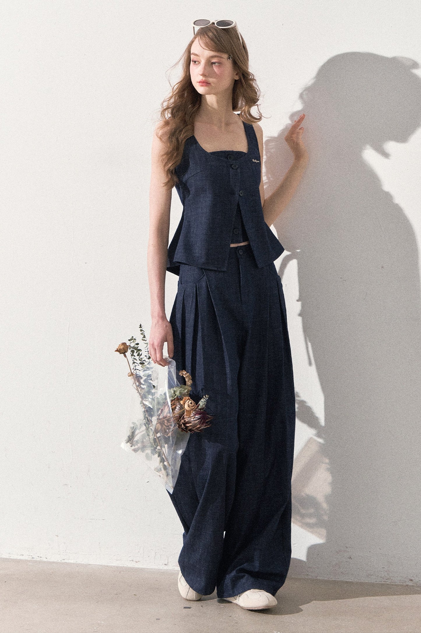 Layered-Look Faux Denim Vest and Wide Leg Pants Set-Up