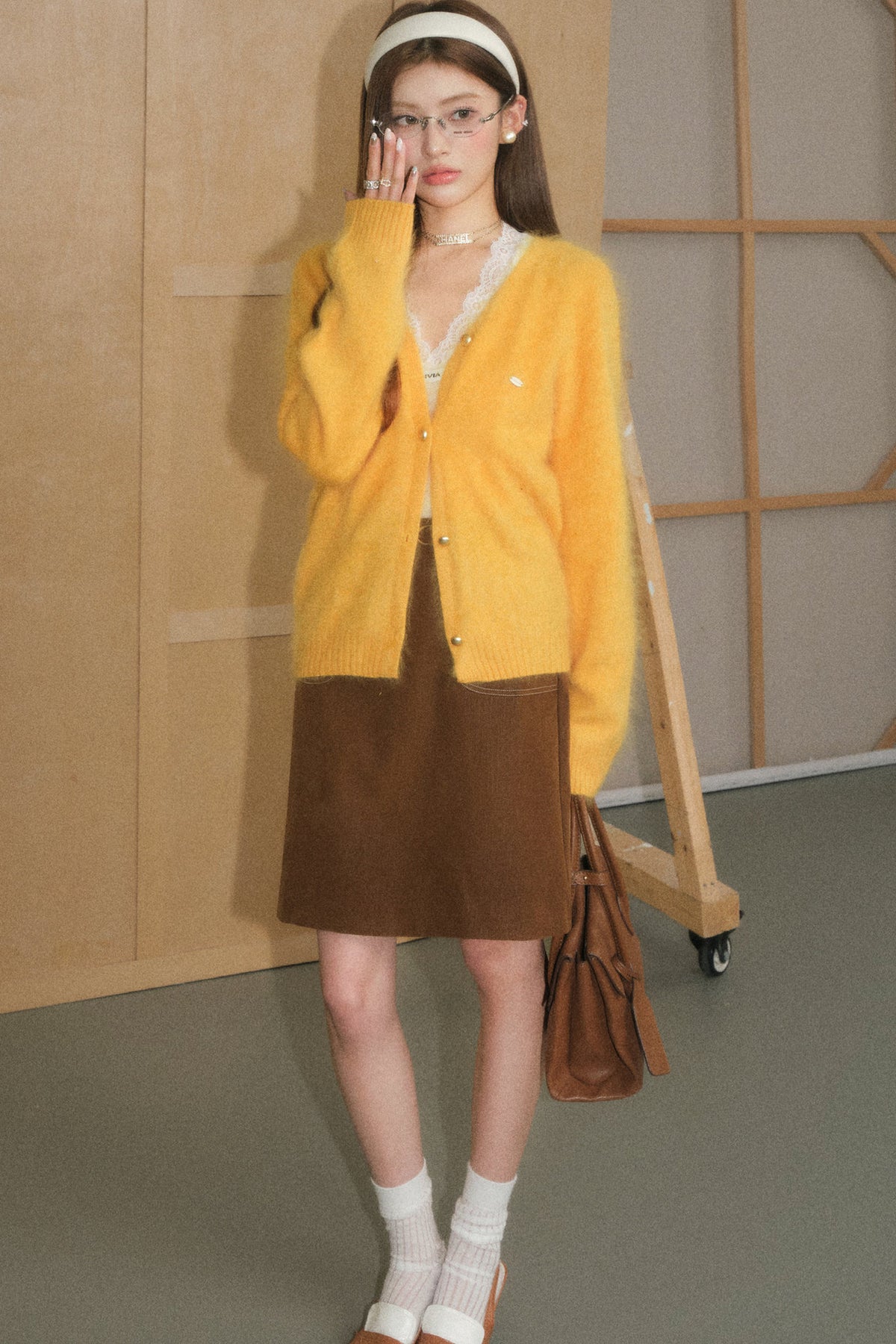 Brown A-Line Skirt Cardigan and Top Set-Up
