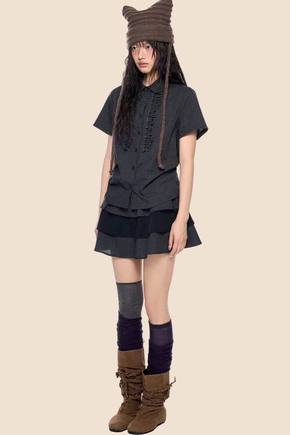 Plaid Pleated Blouse and Cake Skirt Set-Up