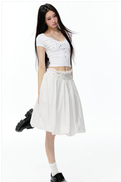 Pearl Rhinestone T-Shirt, Flower Bud Skirt and Pants Set-Up