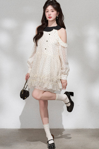 Off-Shoulder Polka Dot Chiffon Dress
