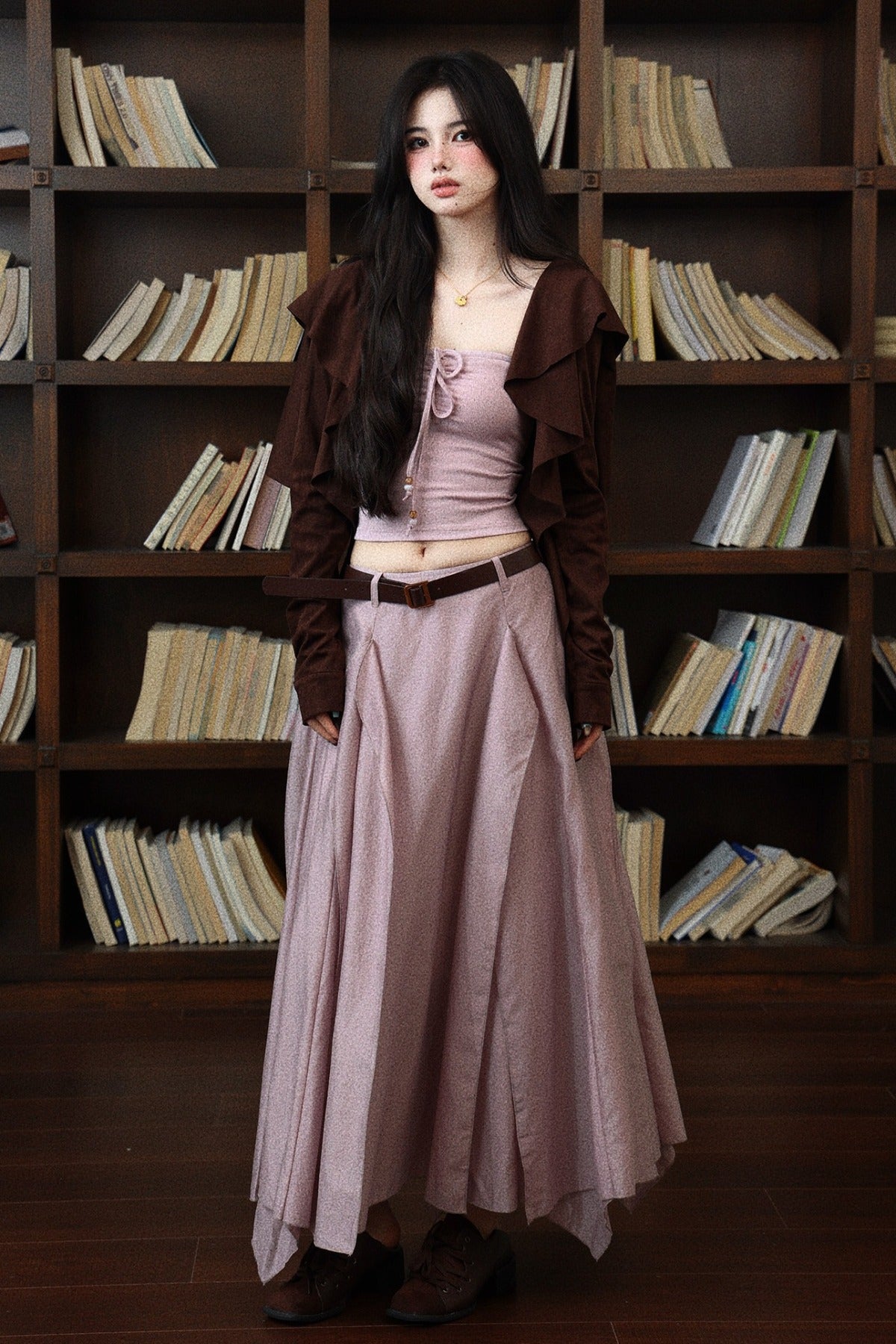 Waist-Cinching Tube Top and Pink and Purple Flowing Skirt Set-Up
