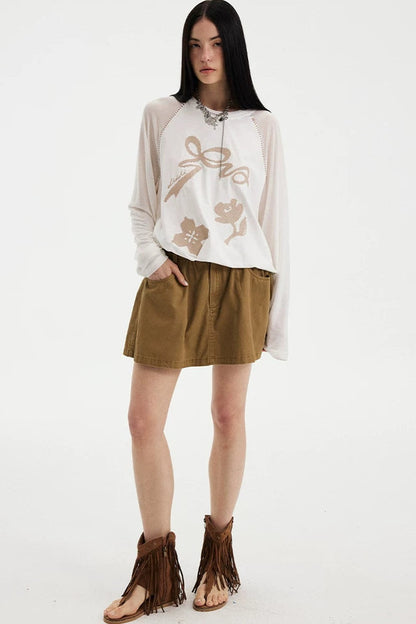 Bow Floral Spliced Long-Sleeve Top