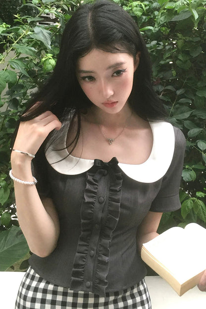 블랙 체크 러플 피터팬 칼라 셋업