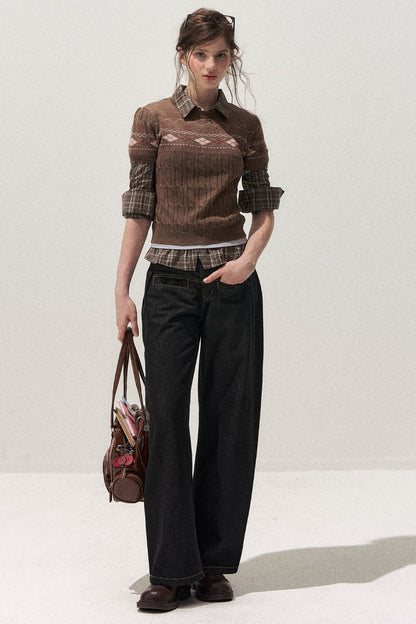 Retro Fair Isle Argyle Short-Sleeve Knit Sweater and Skirt Set-Up
