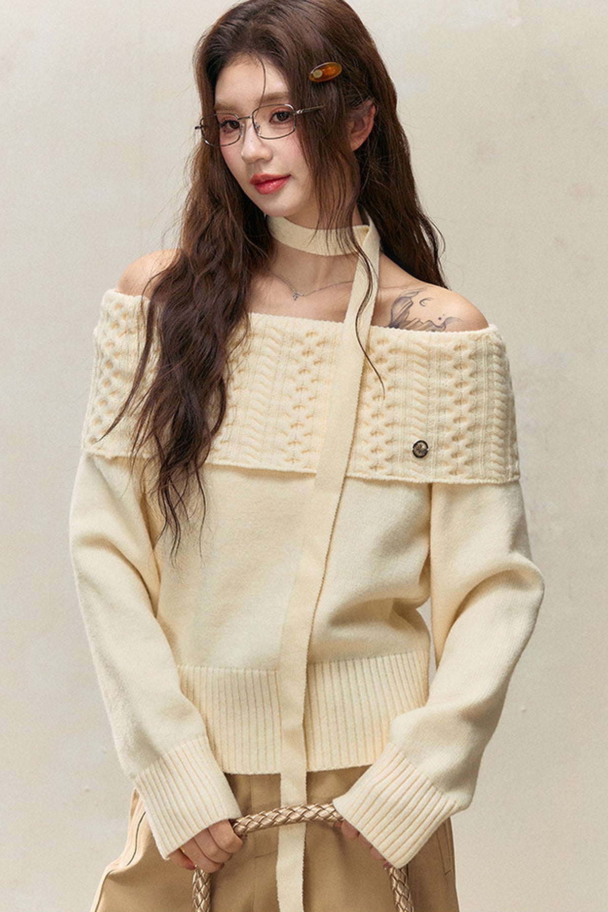 Off-Shoulder Knitted Sweater and Pants Set-Up