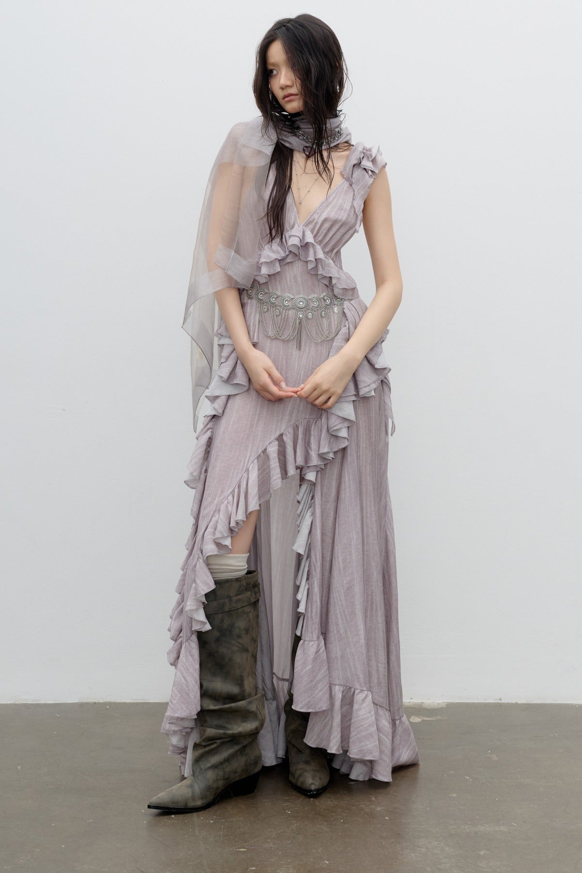 Dirty Pink Irregular Ruffle Strap Dress