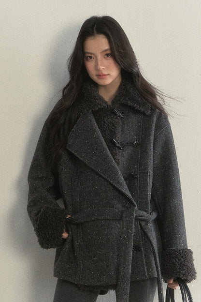 50% Wool Lapel Plush Patchwork Jacket