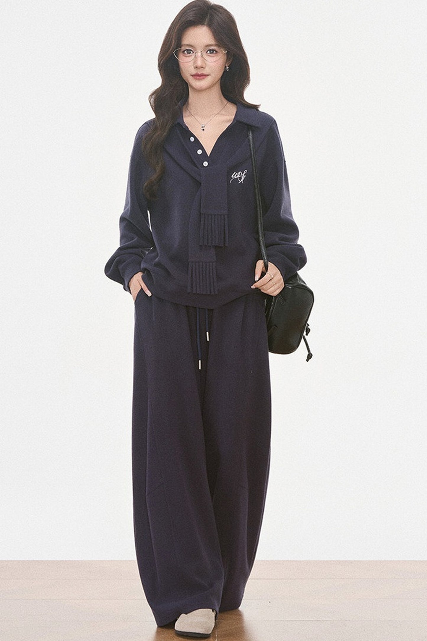 Knit Scarf Sweatshirt and Sweatpants Set-Up