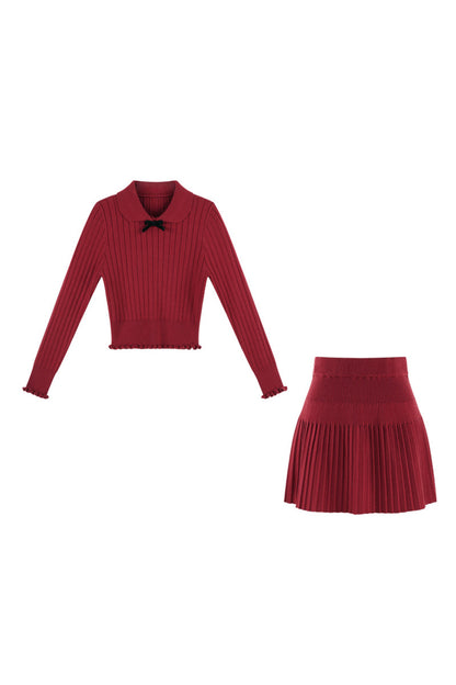Red Knit Top and Pleated Skirt Set