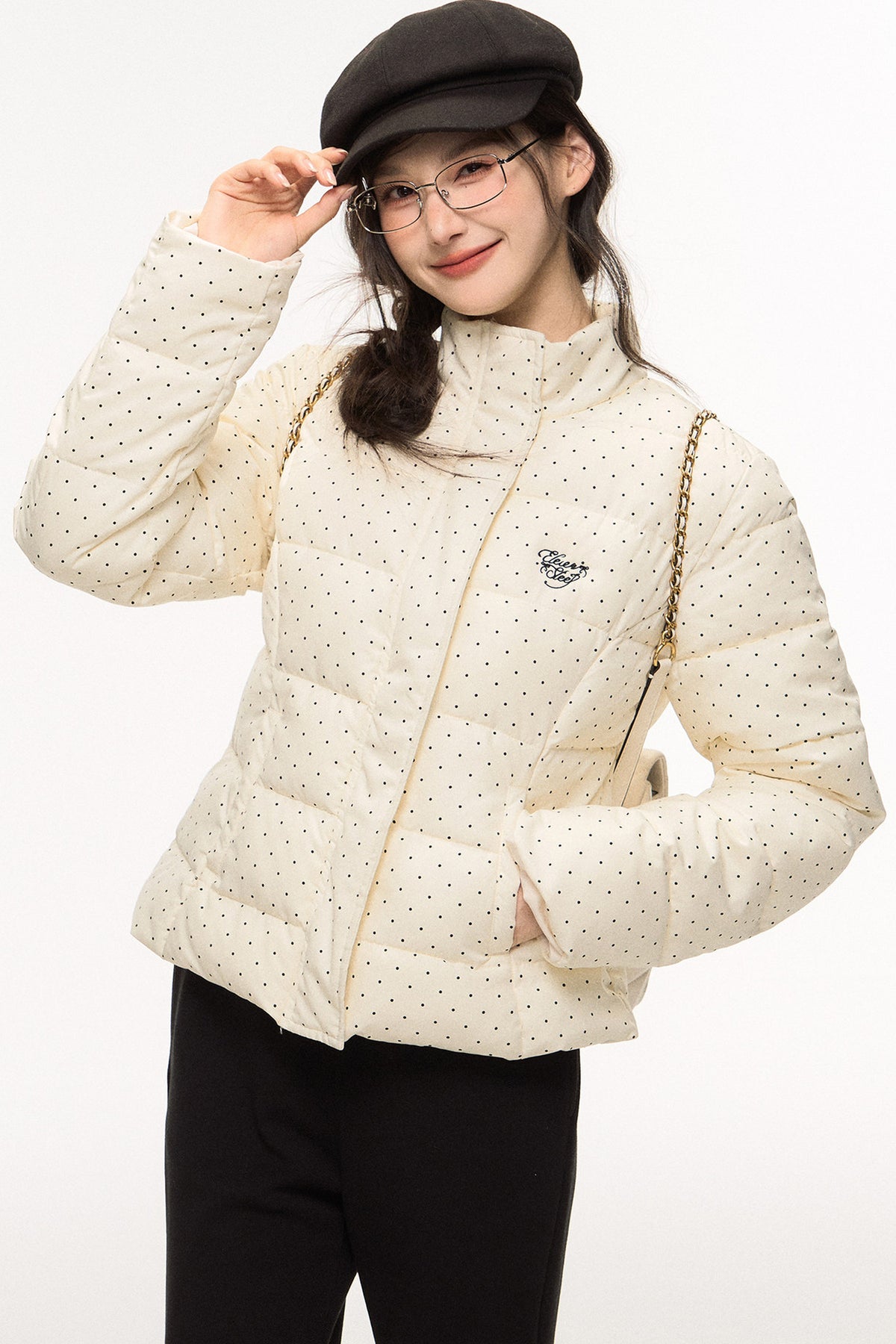Polka Dot Puffy Jacket and Bell Bottom Pants Set-Up