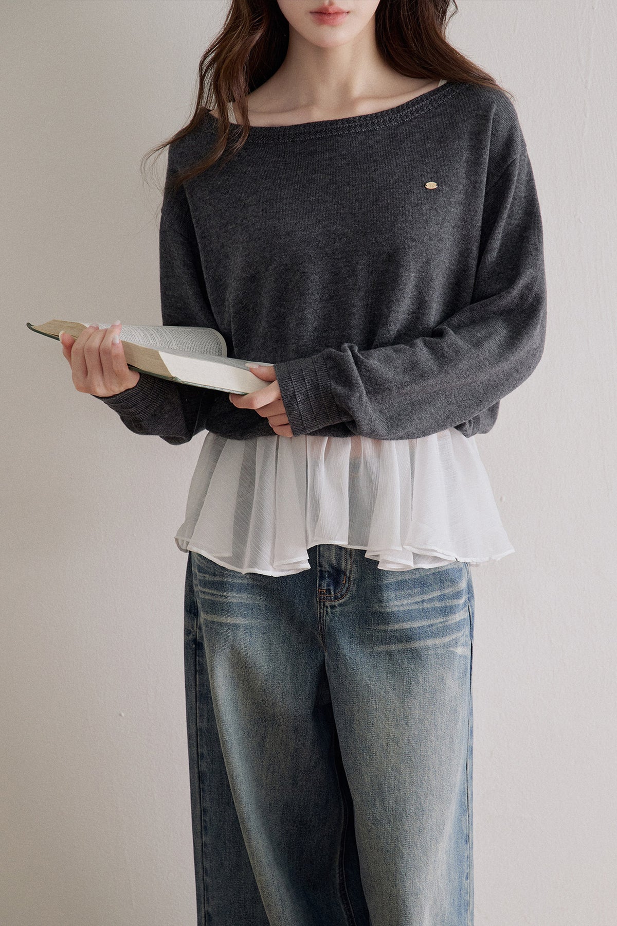 Wool Blend Mesh Patchwork Layered-Look Knit Top