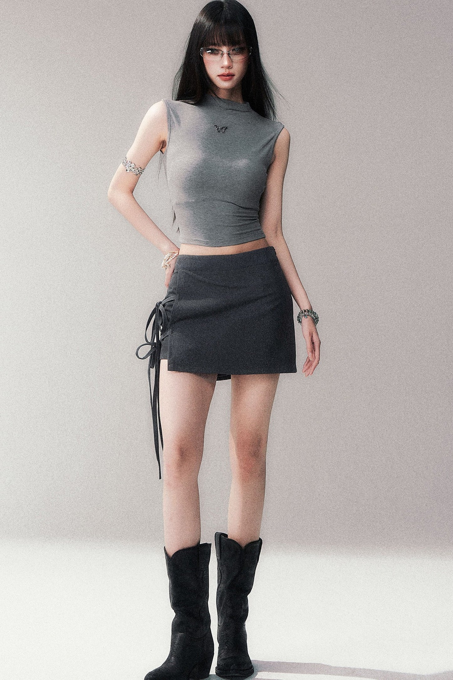 Gray A-Line Tie-Up Skirt Pants