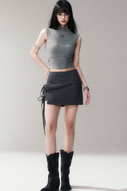 Gray A-Line Tie-Up Skirt Pants