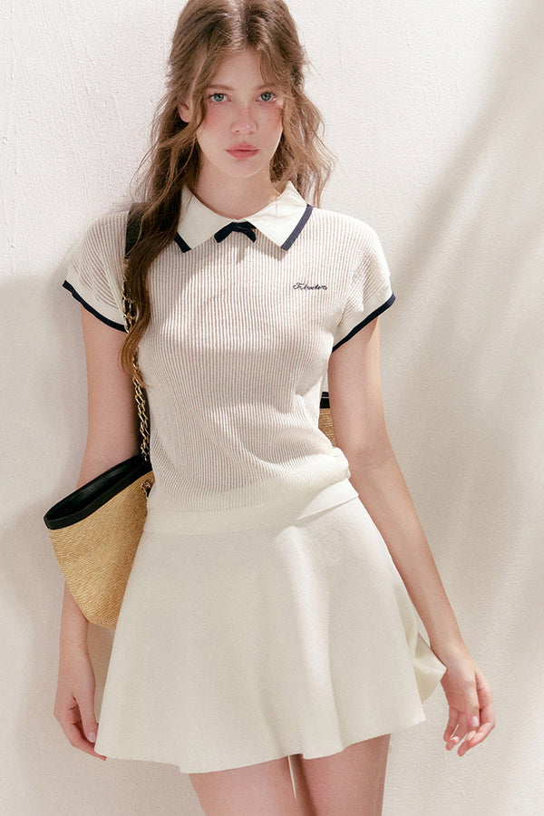 Knit Polo Top With Bow and A-Line Skirt Set