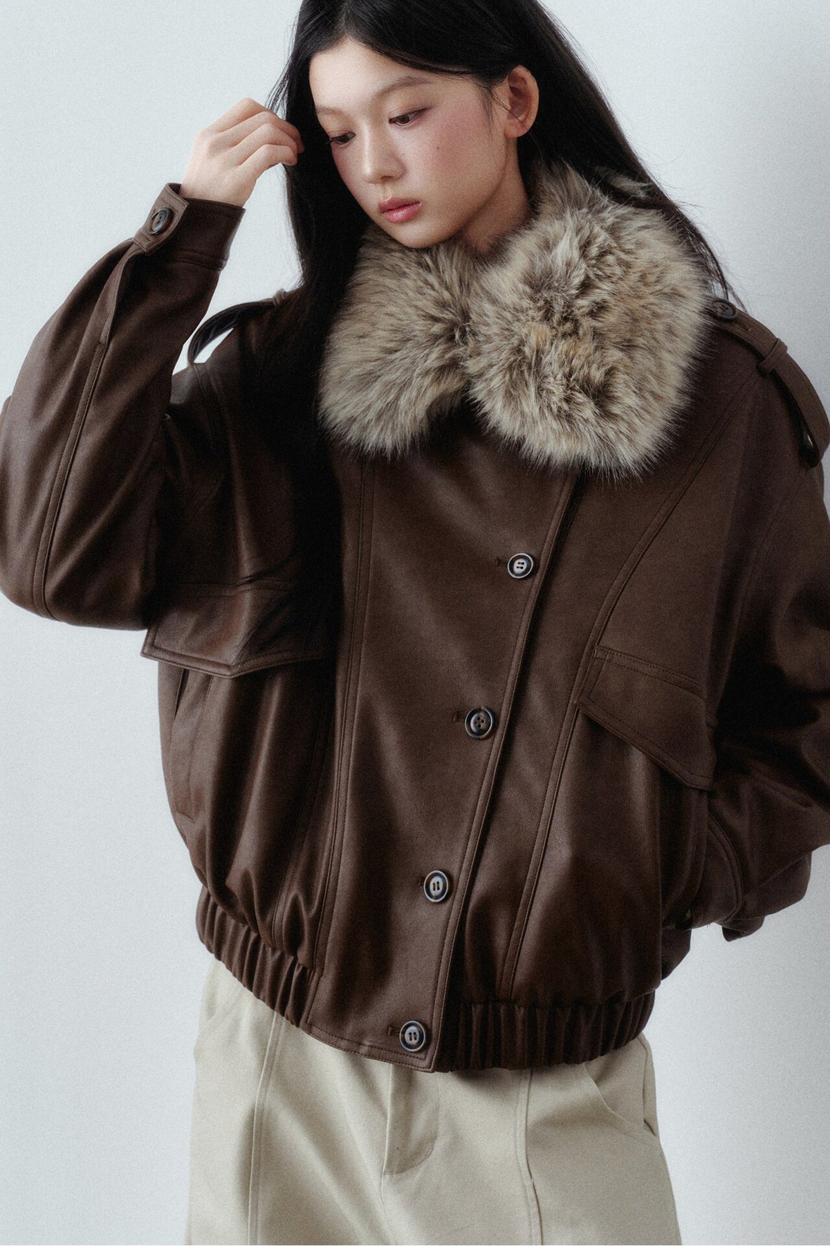 Fur Collar Button-Up Short Jacket