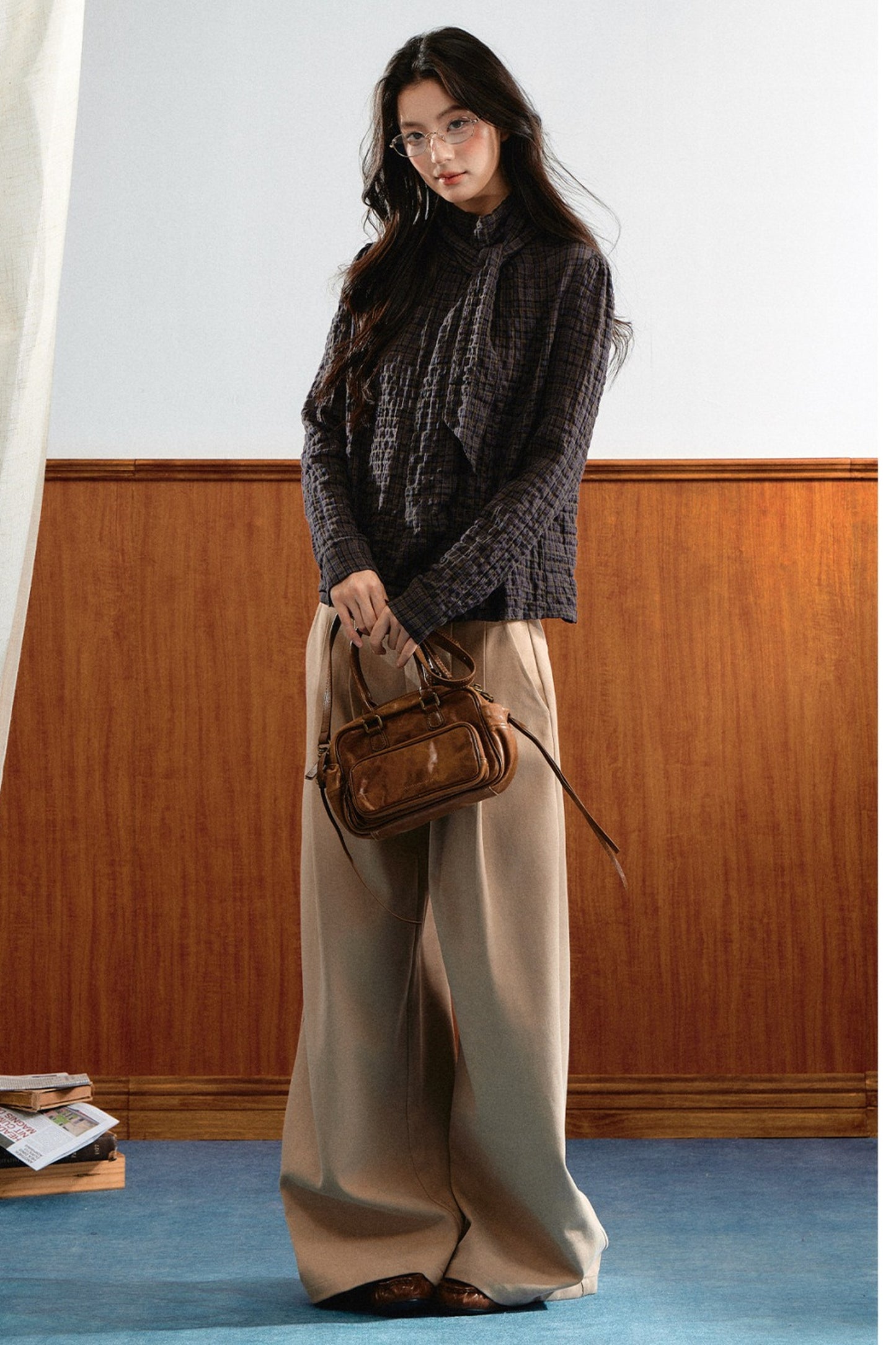 Plaid Cable-Knit Knit Shirt Top
