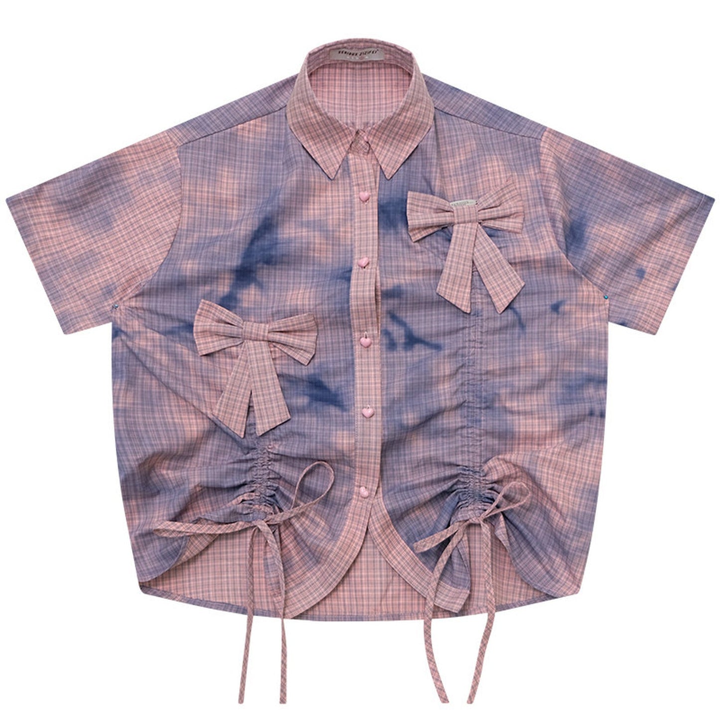 Pink Plaid Bow Drawstring Blouse