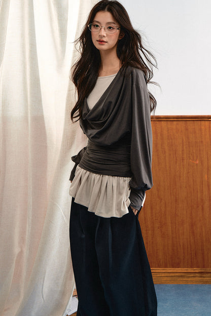 Draped Ruched Blouse and Inner Top Set-Up